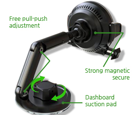 Strong magnetic secure, Free pull-push adjustment, Dashboard suction pad